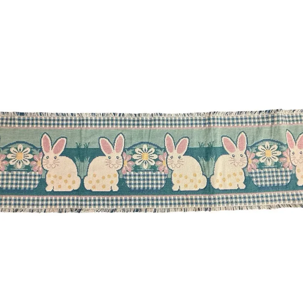 Table Runner Cotton Tapestry Bunny Rabbit Easter Decor Spring Fringed Edge